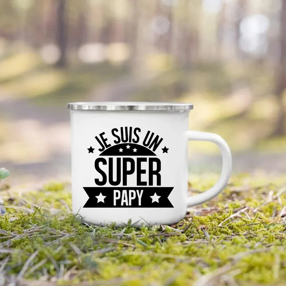 Enamel Mug Super Papy Mamie Print Coffee Cups For Milk, Drinks, Or Water That Make Great Gifts For Grandma And Grandpa