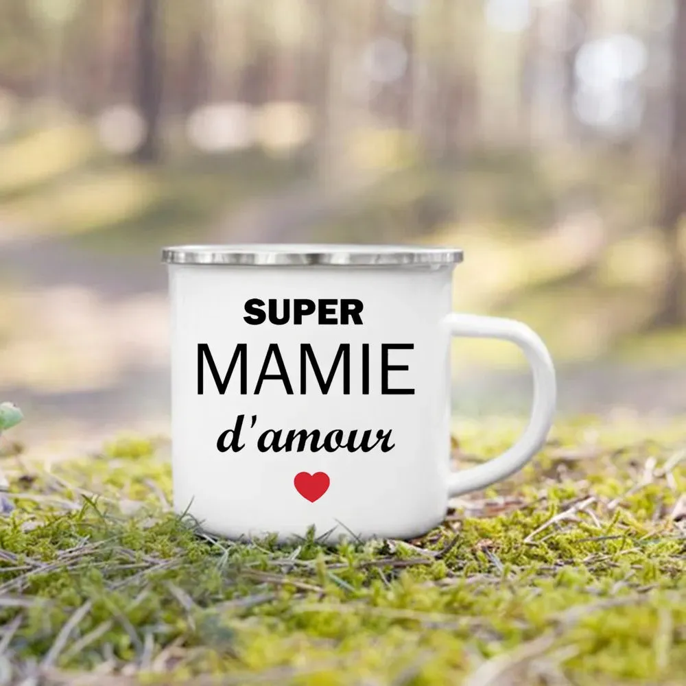 Enamel Mug Super Papy Mamie Print Coffee Cups For Milk, Drinks, Or Water That Make Great Gifts For Grandma And Grandpa
