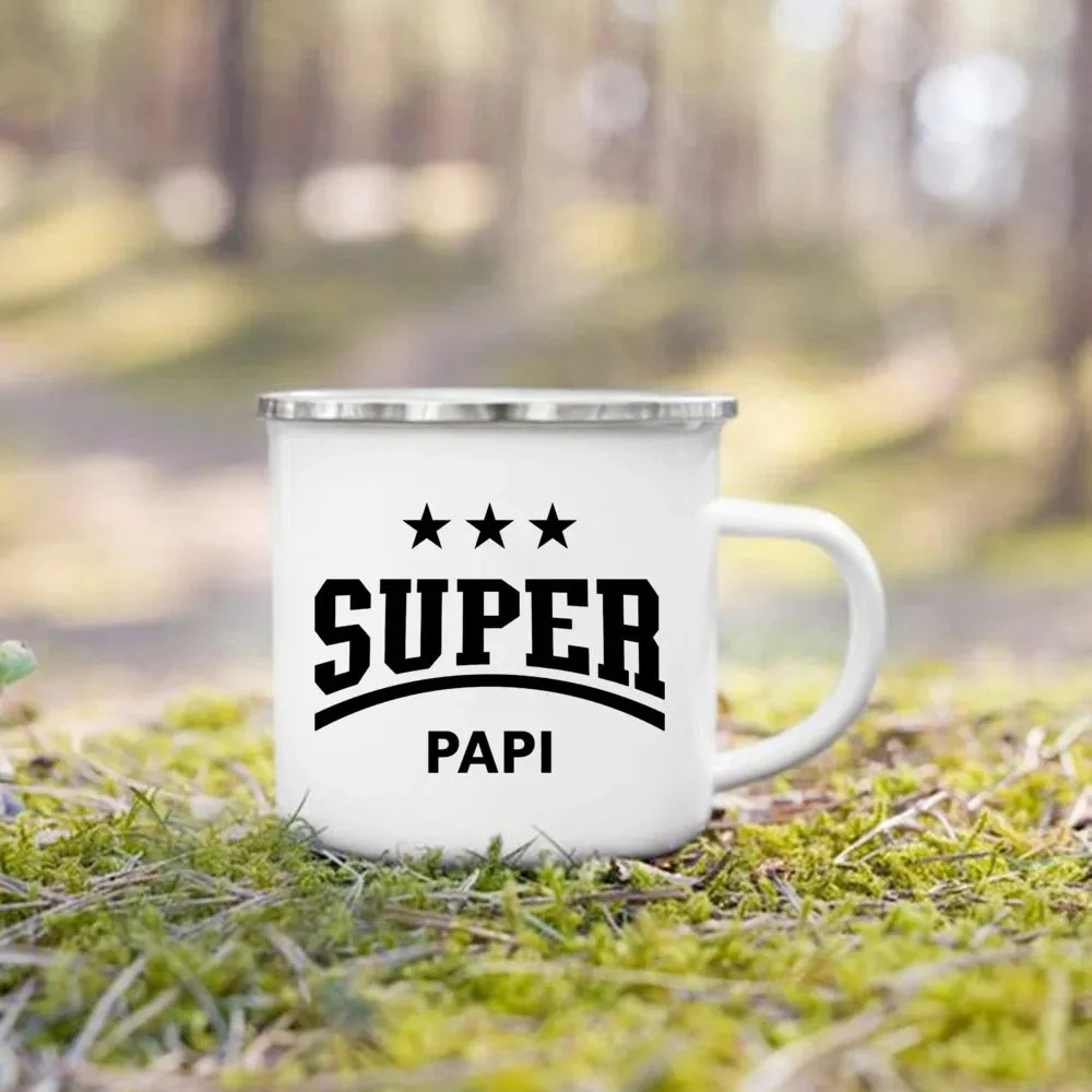 Enamel Mug Super Papy Mamie Print Coffee Cups For Milk, Drinks, Or Water That Make Great Gifts For Grandma And Grandpa