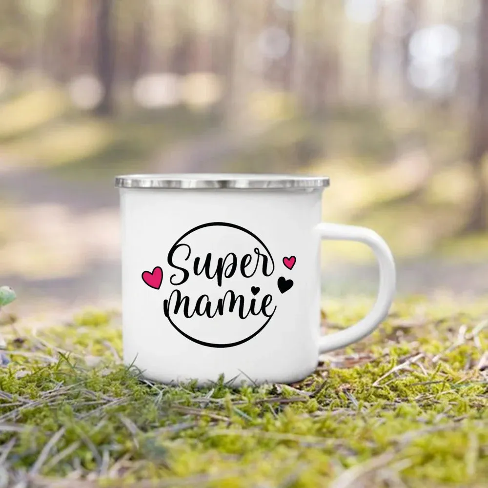 Enamel Mug Super Papy Mamie Print Coffee Cups For Milk, Drinks, Or Water That Make Great Gifts For Grandma And Grandpa