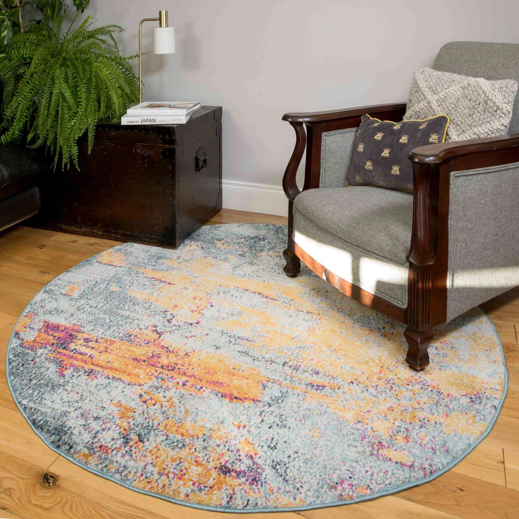 Gold Blue Distressed Living Room Rug - Mia