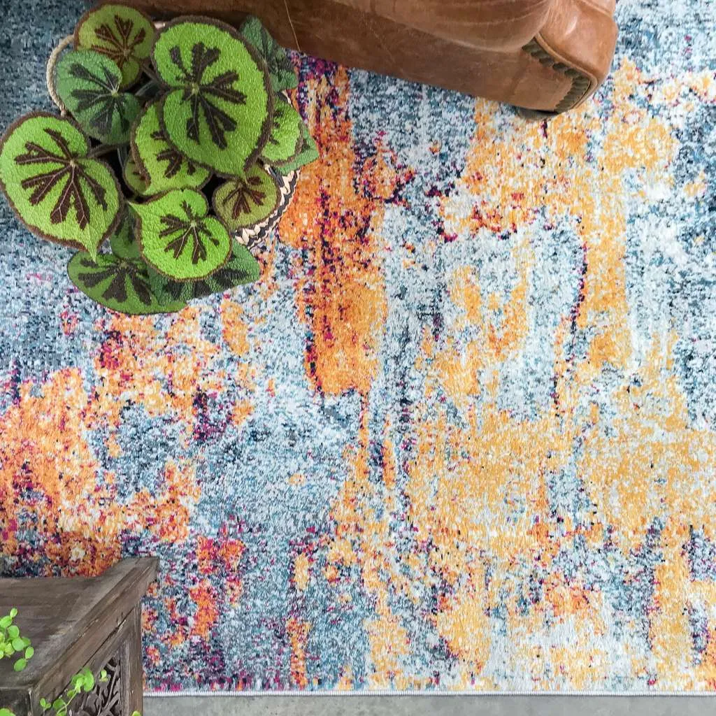 Gold Blue Distressed Living Room Rug - Mia
