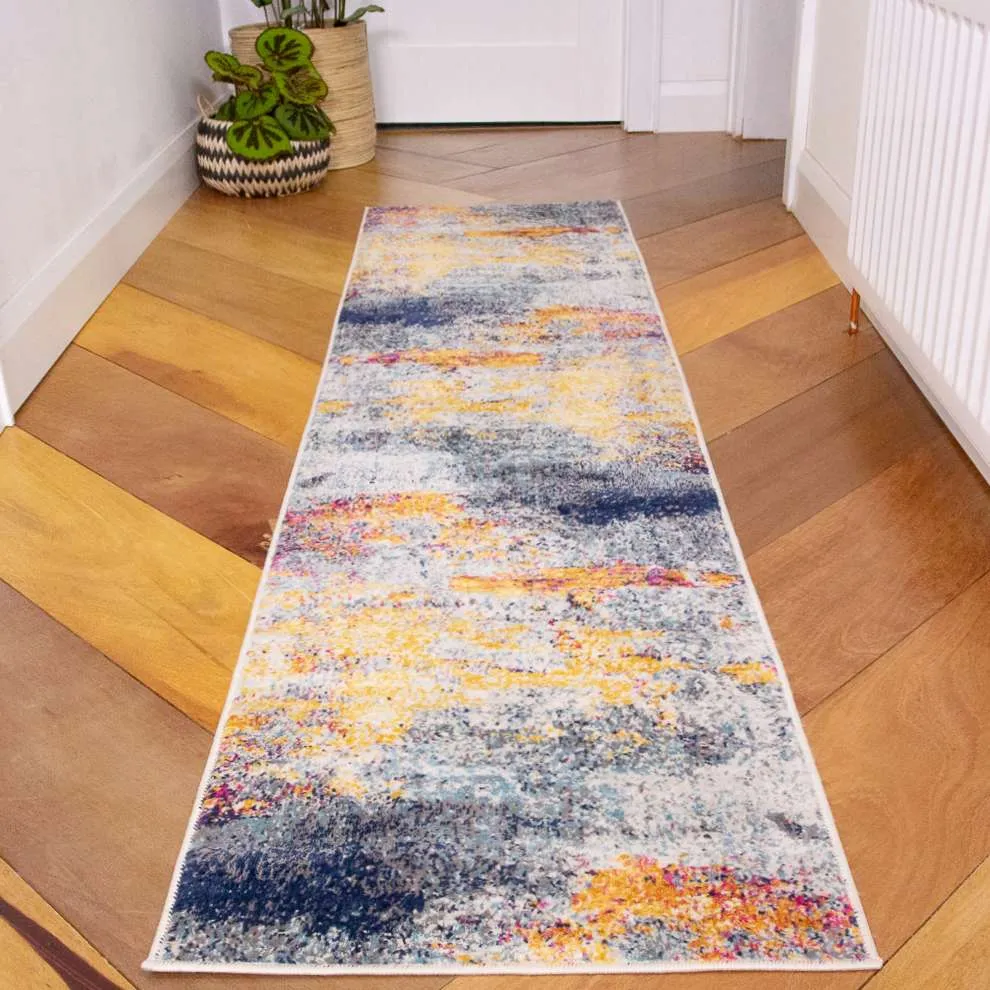 Gold Blue Distressed Living Room Rug - Mia