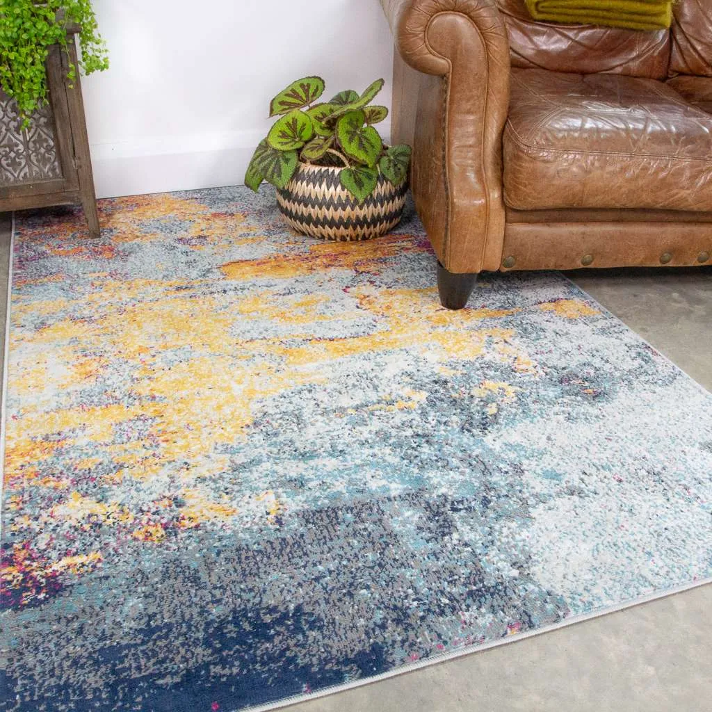 Gold Blue Distressed Living Room Rug - Mia