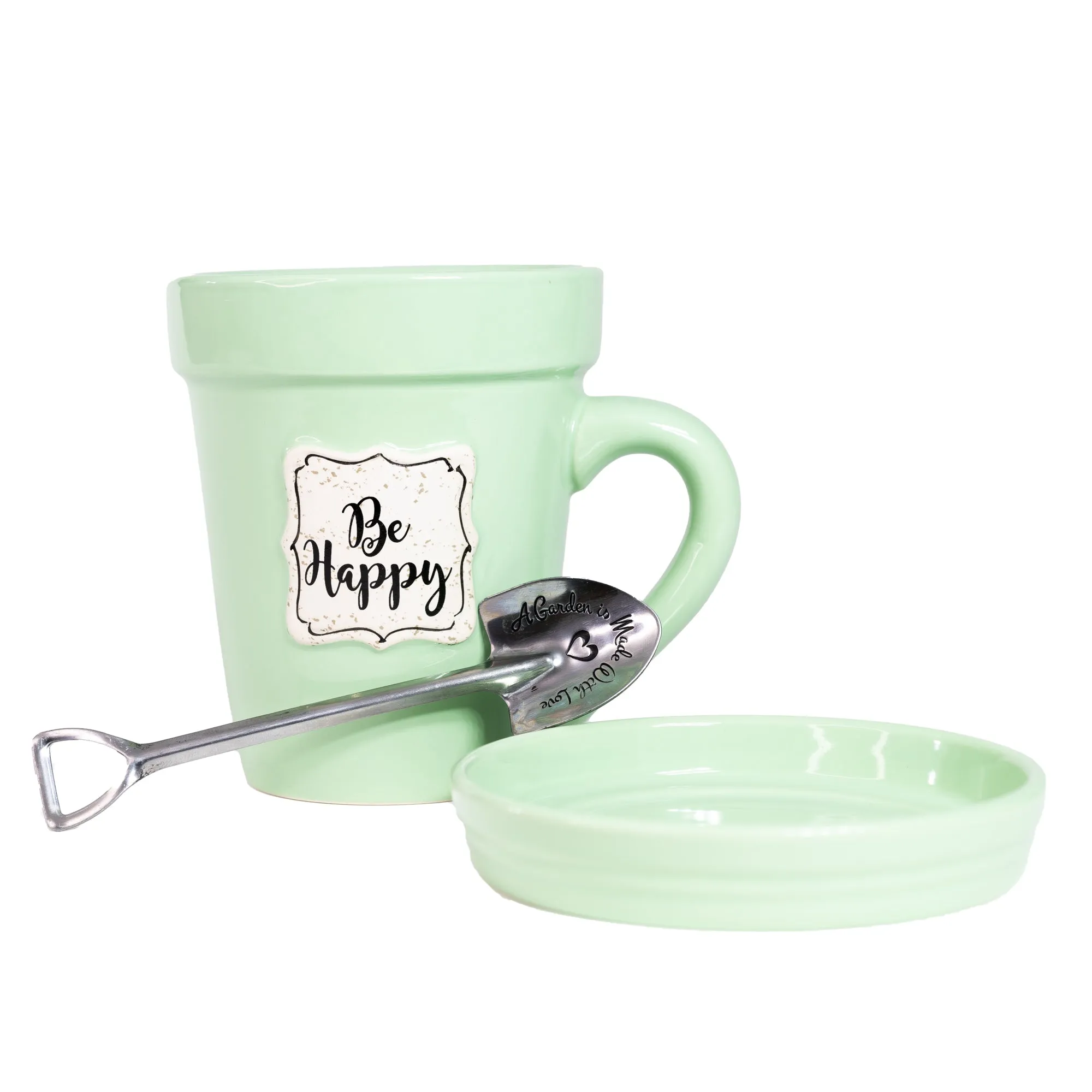 Green Flower Pot Mug - “Be Happy” Without Scripture