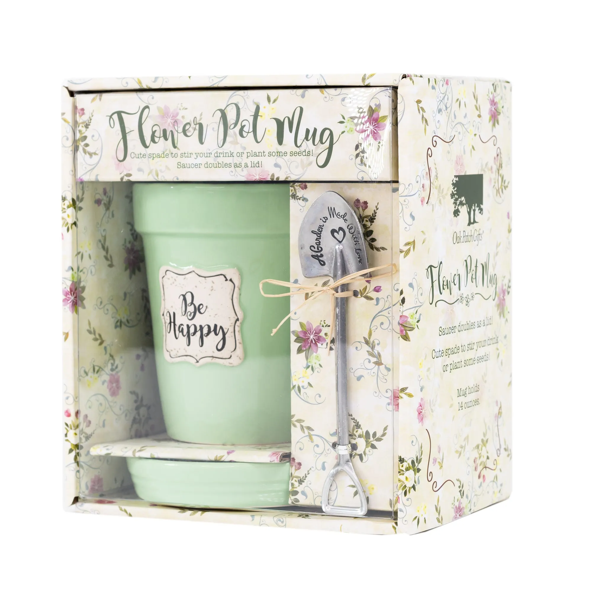 Green Flower Pot Mug - “Be Happy” Without Scripture