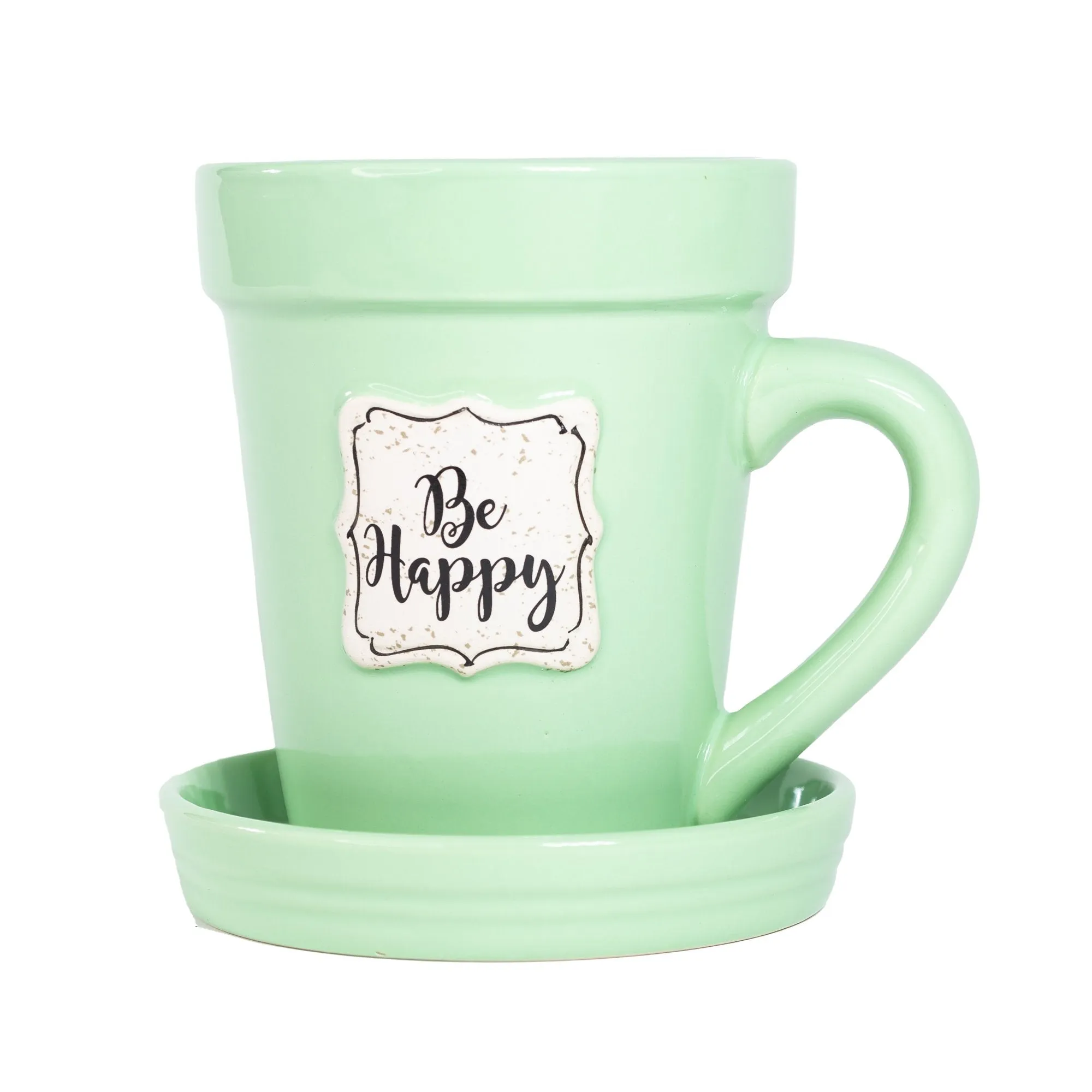 Green Flower Pot Mug - “Be Happy” Without Scripture