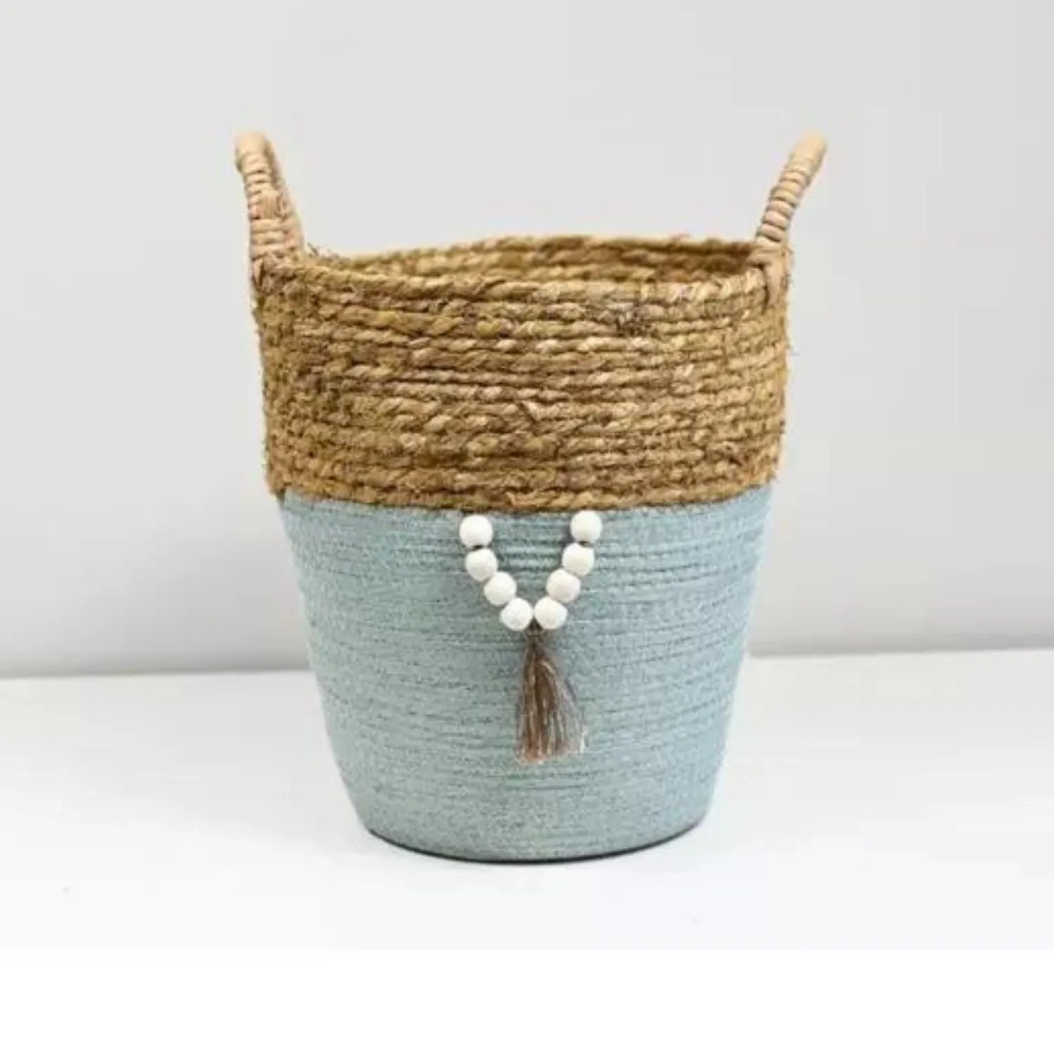 H&S Collection 30.5cm x 28cm Teal Straw Basket Pot Cover