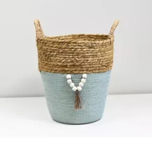 H&S Collection 30.5cm x 28cm Teal Straw Basket Pot Cover