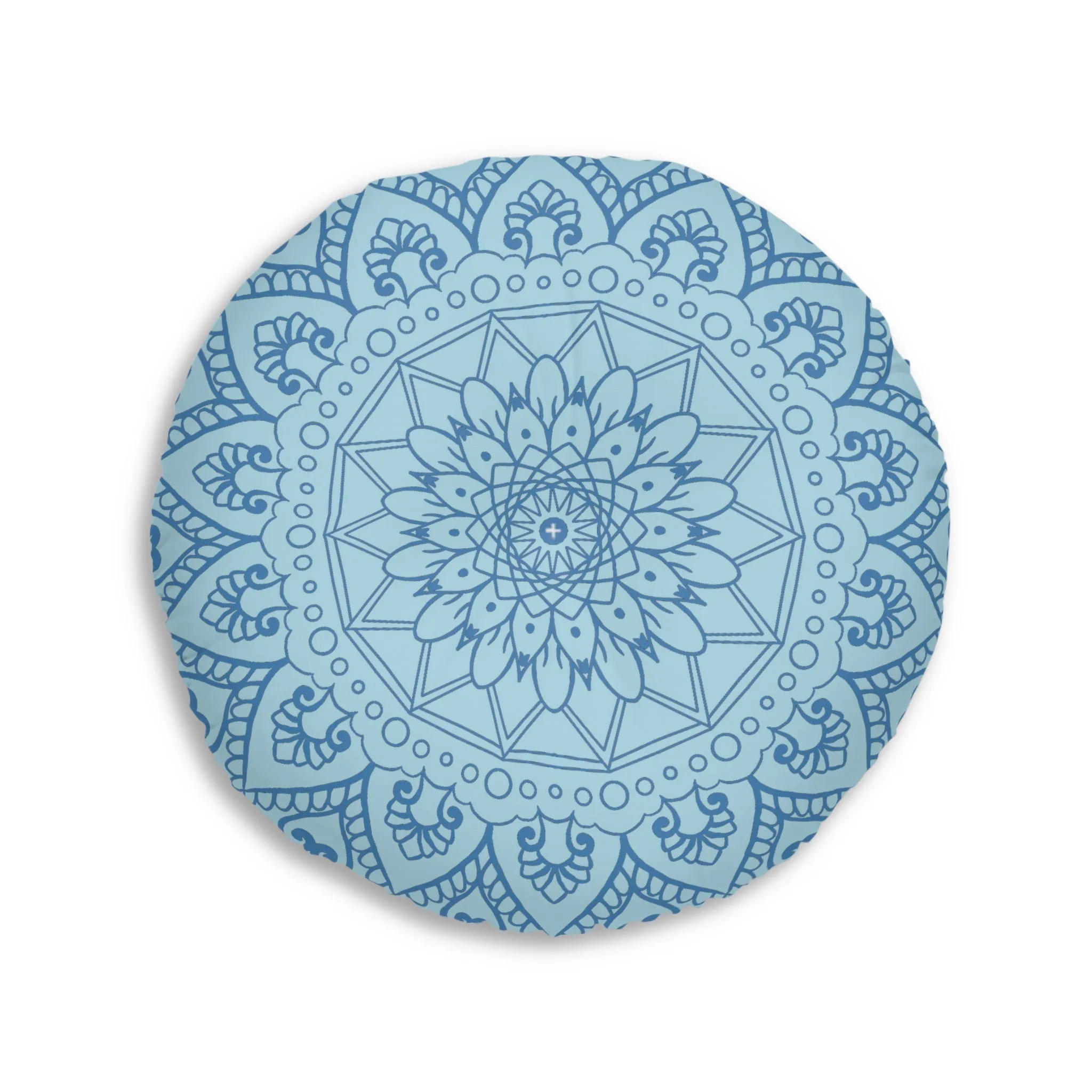 Handmade Mandala Art Floor Cushion - Steel Blue on Light Blue - Tufted