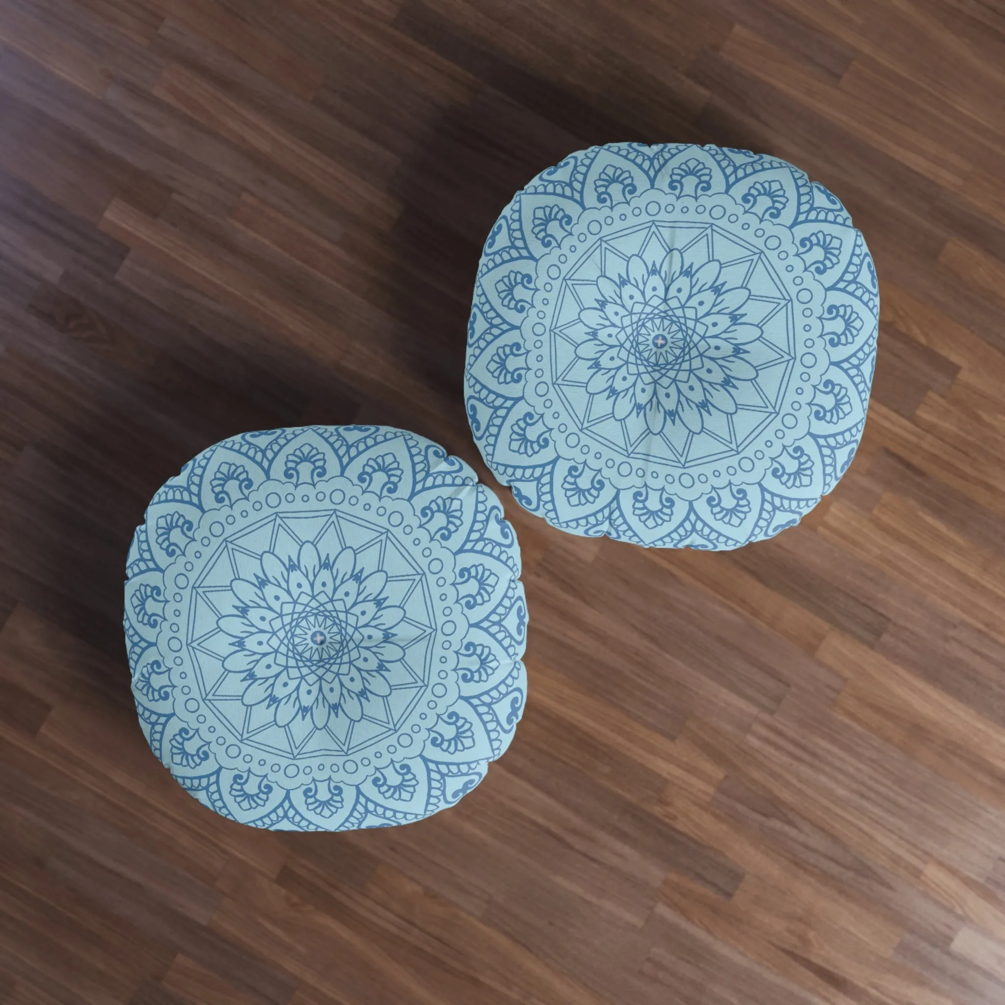 Handmade Mandala Art Floor Cushion - Steel Blue on Light Blue - Tufted