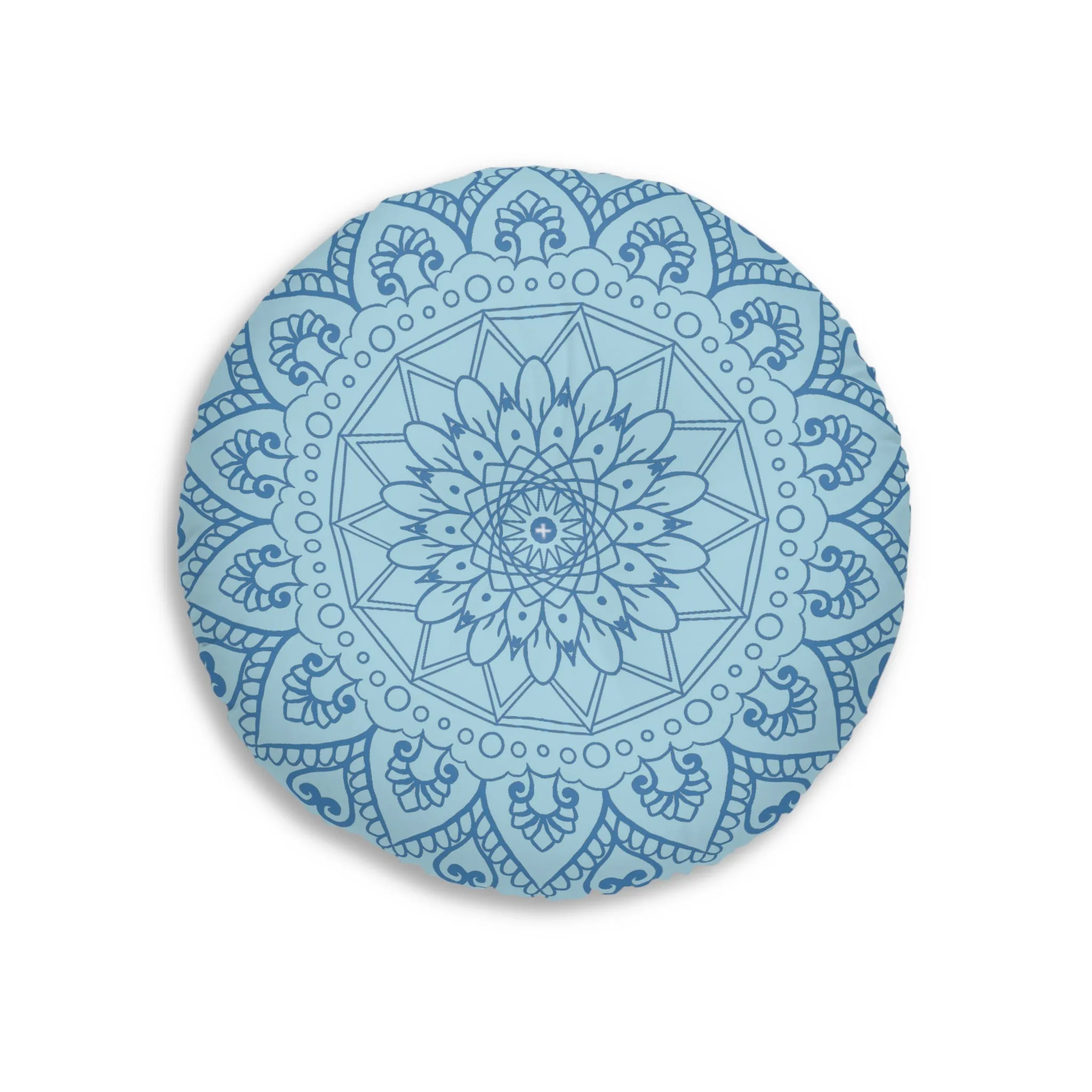 Handmade Mandala Art Floor Cushion - Steel Blue on Light Blue - Tufted