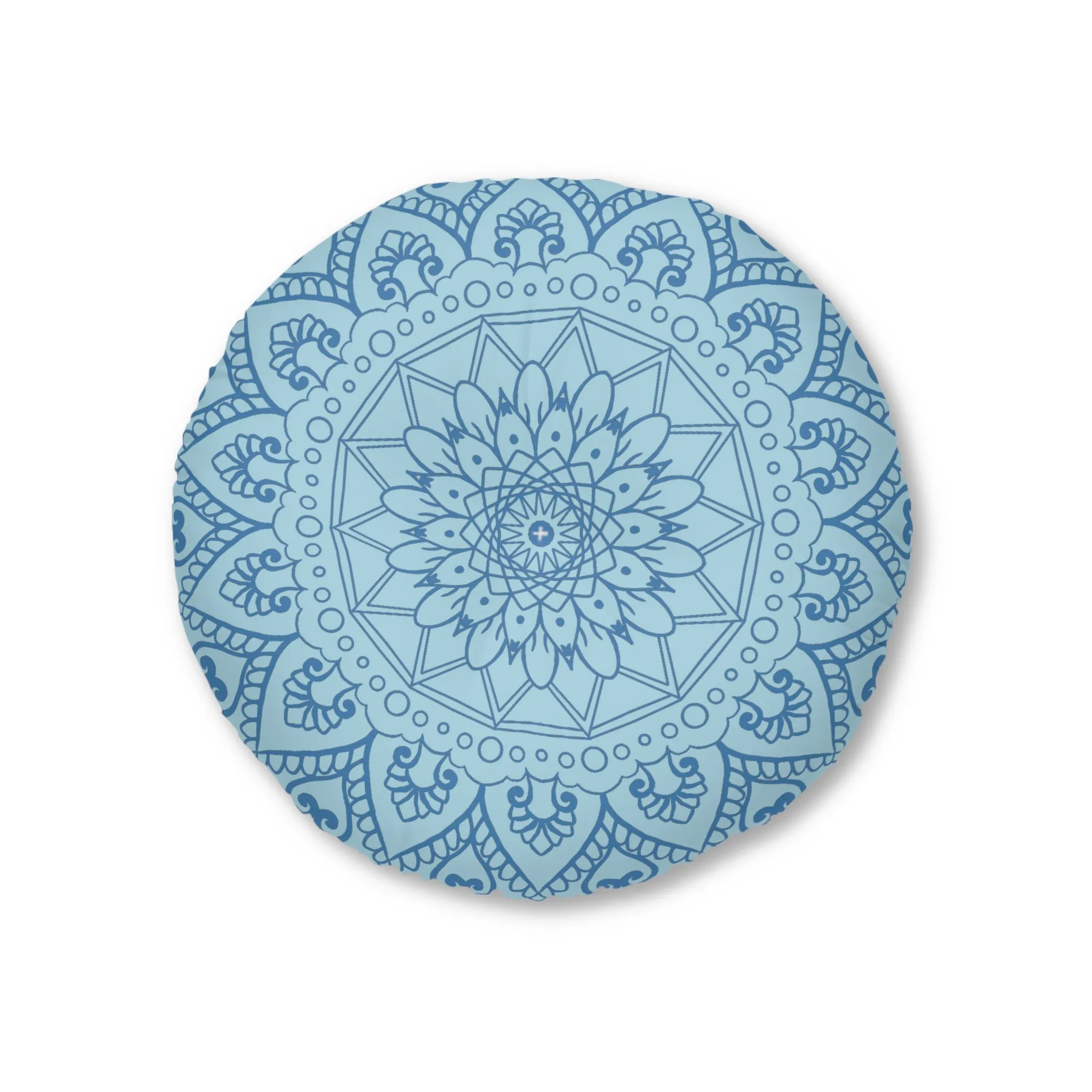 Handmade Mandala Art Floor Cushion - Steel Blue on Light Blue - Tufted