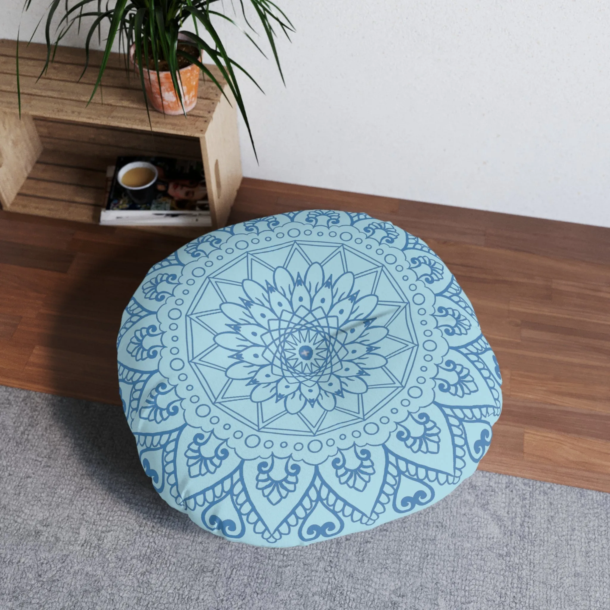Handmade Mandala Art Floor Cushion - Steel Blue on Light Blue - Tufted
