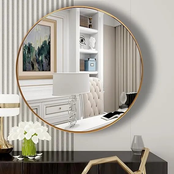 HMR Round Cicrcle Circular Wall Mirror I Metal Framed I Modern Design Metal Framed Mirror I Bathroom, Wash Basin, Bedroom, Drawing Room,Office,Kitchen,Dressing etc (Size (in) : 24,22,20,18) (24")