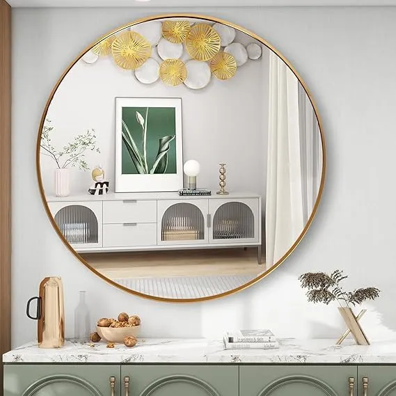 HMR Round Cicrcle Circular Wall Mirror I Metal Framed I Modern Design Metal Framed Mirror I Bathroom, Wash Basin, Bedroom, Drawing Room,Office,Kitchen,Dressing etc (Size (in) : 24,22,20,18) (24")