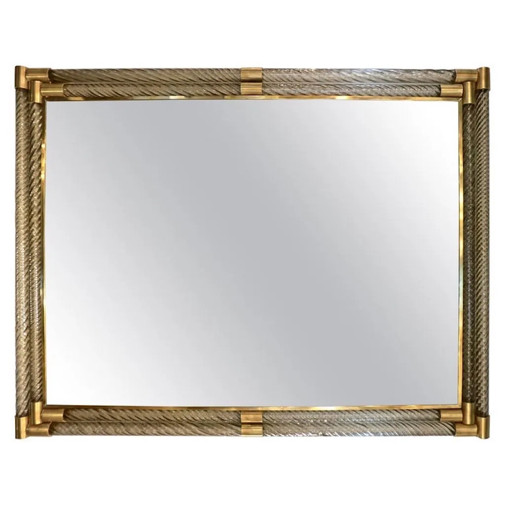 Italian Art Deco Design Twisted Gray Smoked Murano Glass & Gold Brass Mirror