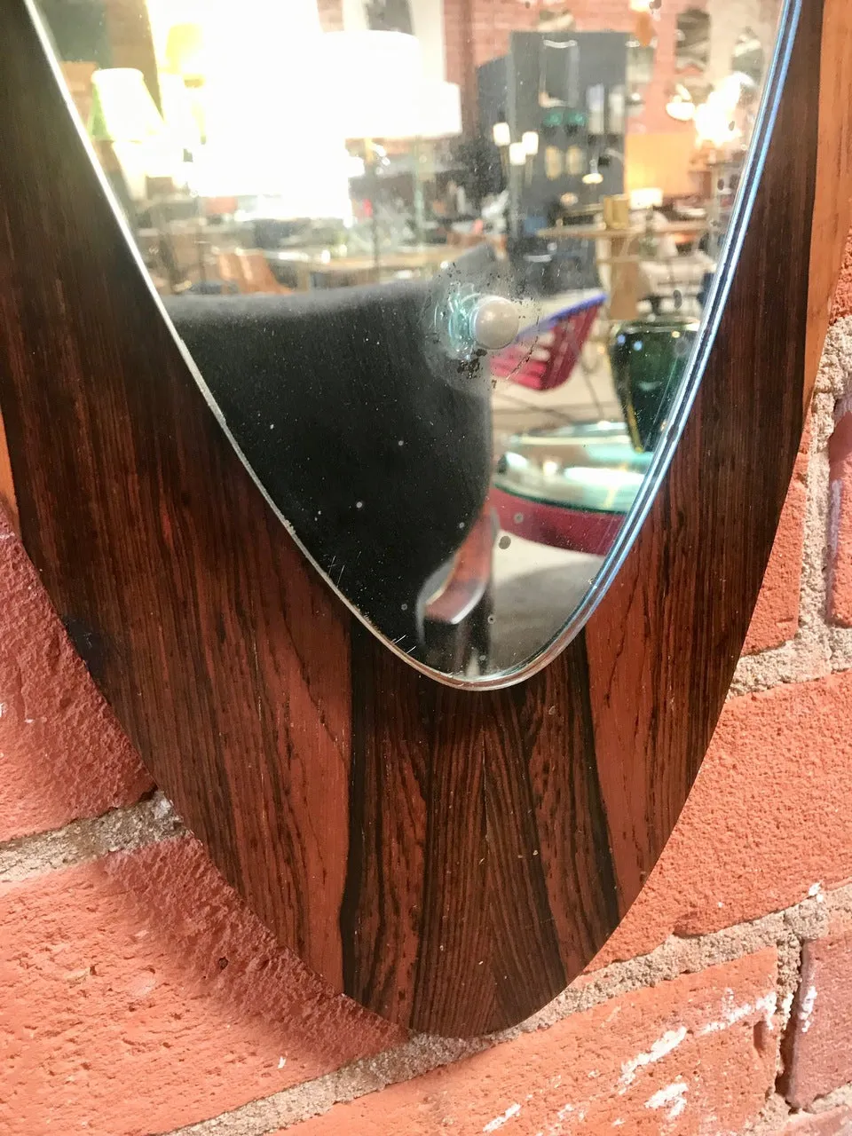 Italian Modern Wall Mirror Oval Teak Frame, 1950s
