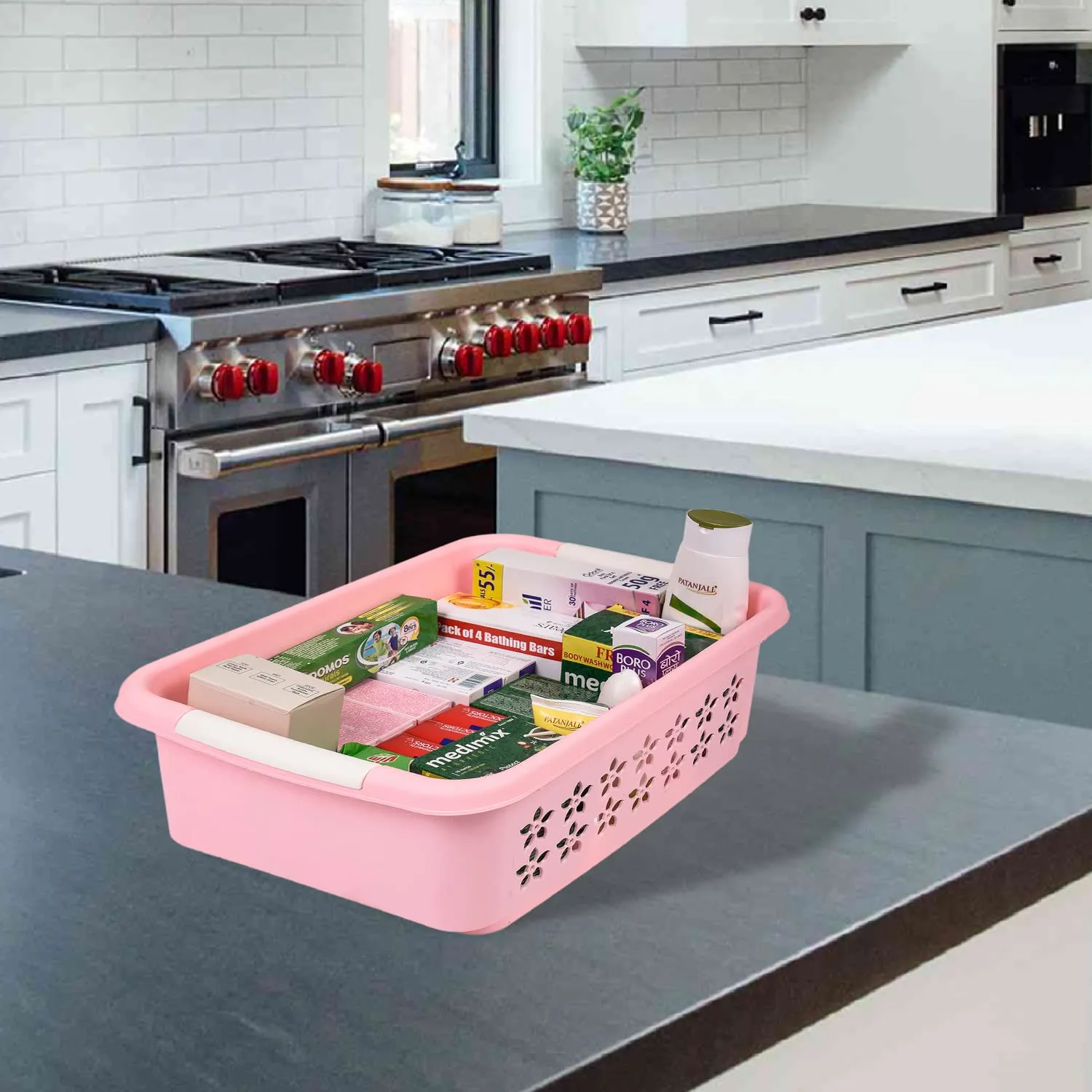 Kuber Industries Multipurpose Rectangle Shape Plastic Storage Basket for Kitchen, Fruit Basket, Office Table, Storage Organizer Small Pack of 3 (Pink)
