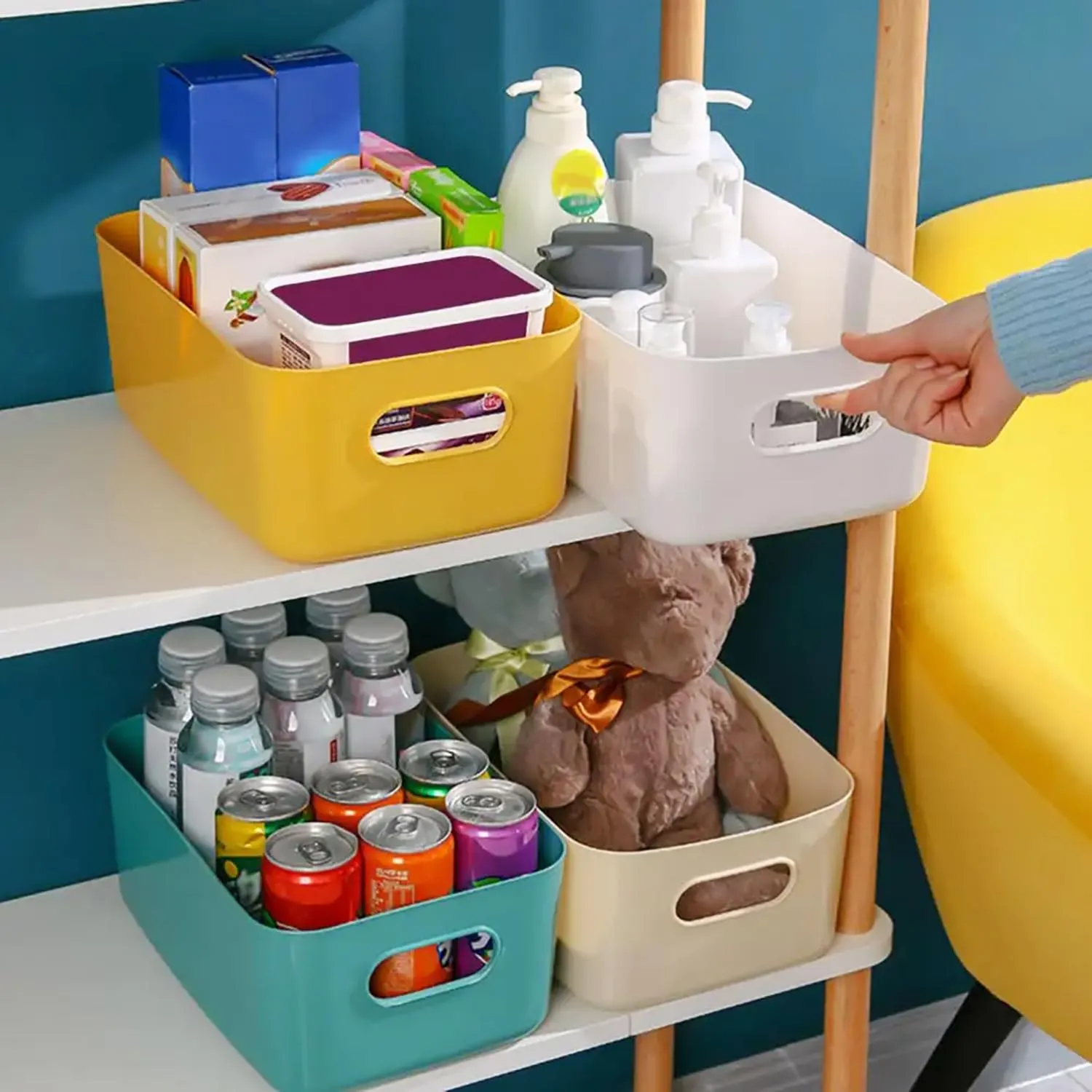 Kuber Industries (Set of 9) Plastic Baskets For Organizing (Small) Storage Basket With Handle - For Makeup Items, Toys, Socks - Green, Yellow & Orange