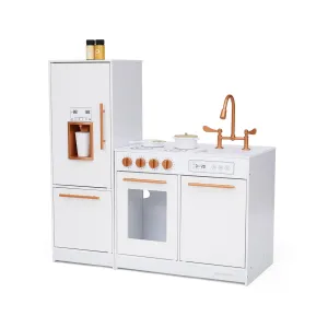 Little Chef Milano Two-piece Modular Modern Delight Play Kitchen With Cooking Accessories, Faux Marble Countertop, & Rose Gold Hardware, White