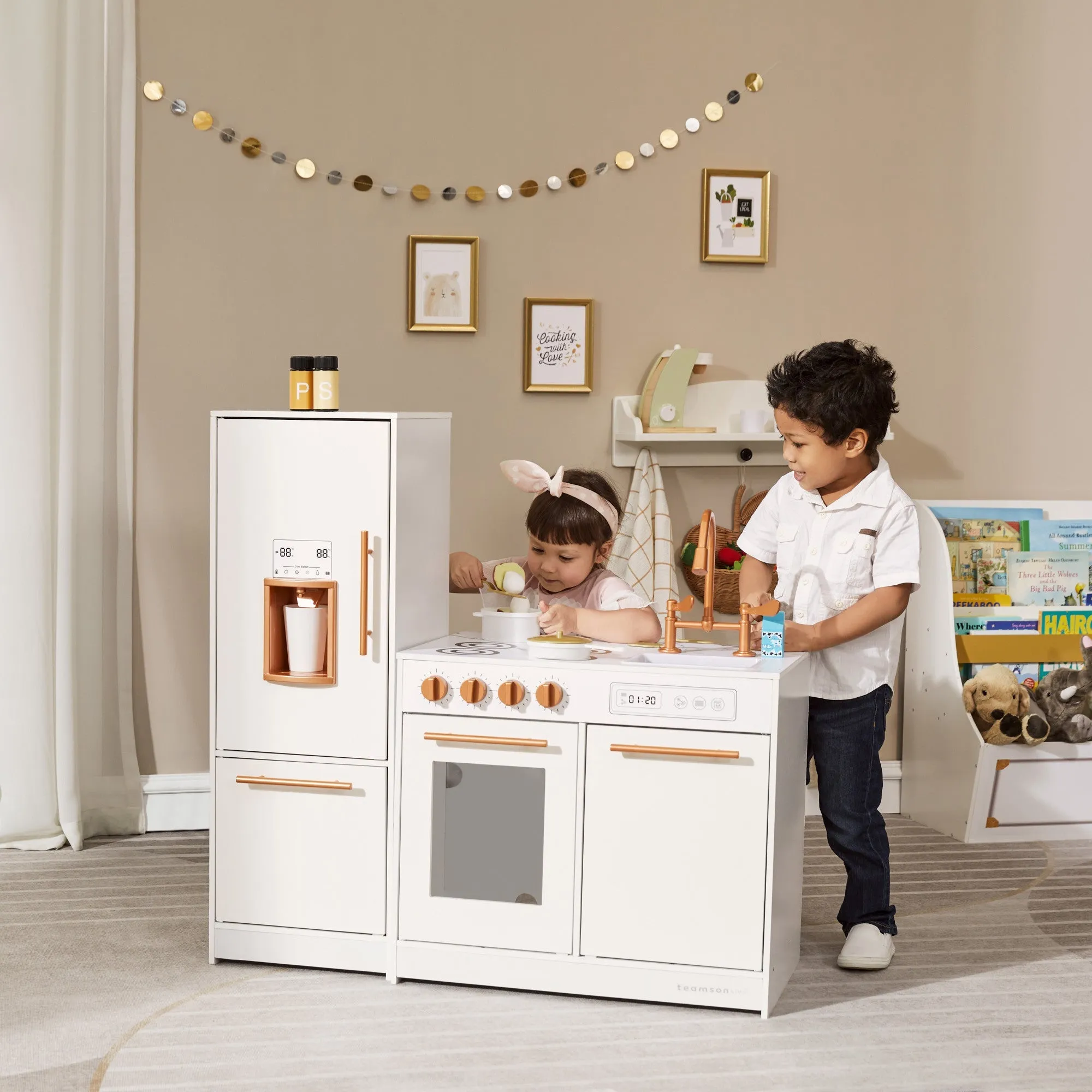 Little Chef Milano Two-piece Modular Modern Delight Play Kitchen With Cooking Accessories, Faux Marble Countertop, & Rose Gold Hardware, White