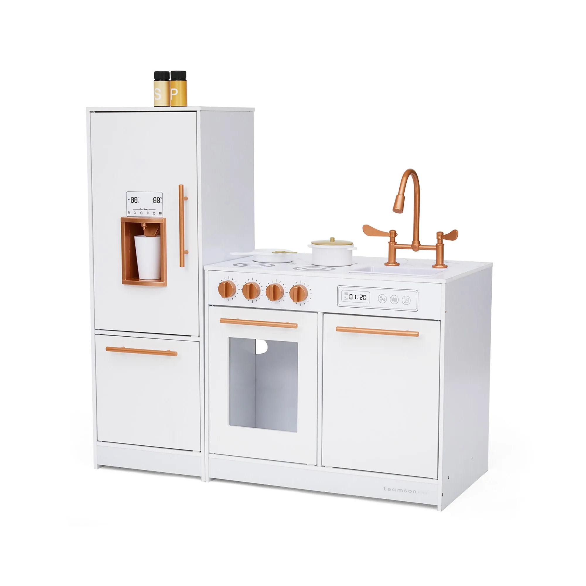 Little Chef Milano Two-piece Modular Modern Delight Play Kitchen With Cooking Accessories, Faux Marble Countertop, & Rose Gold Hardware, White