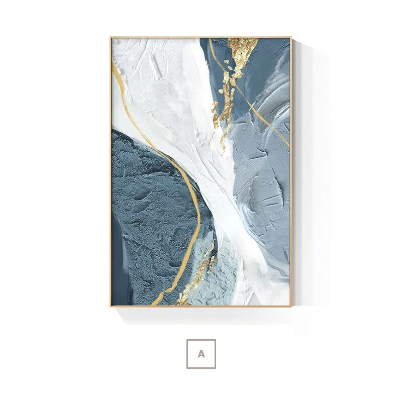 Modern Abstract Golden Blue Marble Wall Art Fine Art Canvas Prints Pictures For Luxury Living Room Dining Room Bedroom Home Office Art Decor