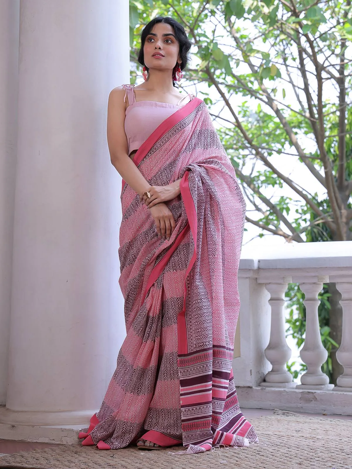 Pink & Plum Handwoven And Hand Block Printed Cotton Saree