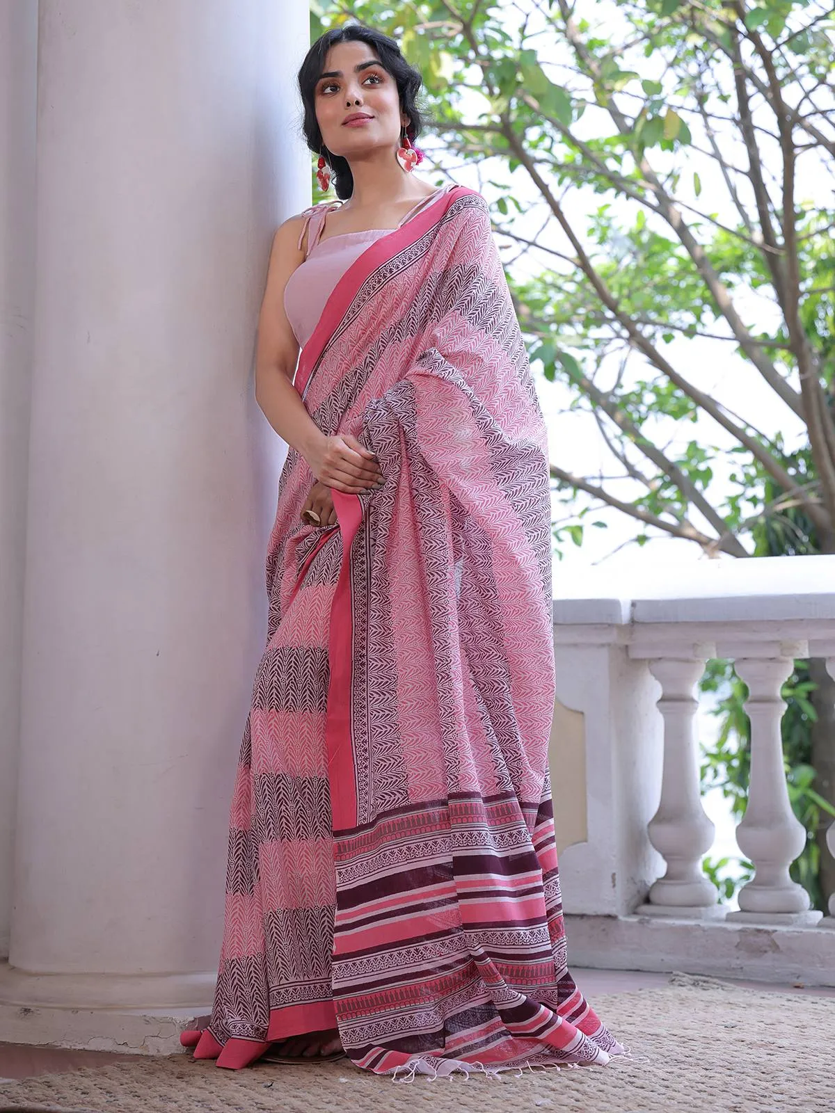 Pink & Plum Handwoven And Hand Block Printed Cotton Saree