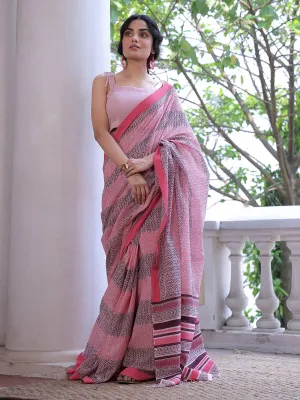 Pink & Plum Handwoven And Hand Block Printed Cotton Saree