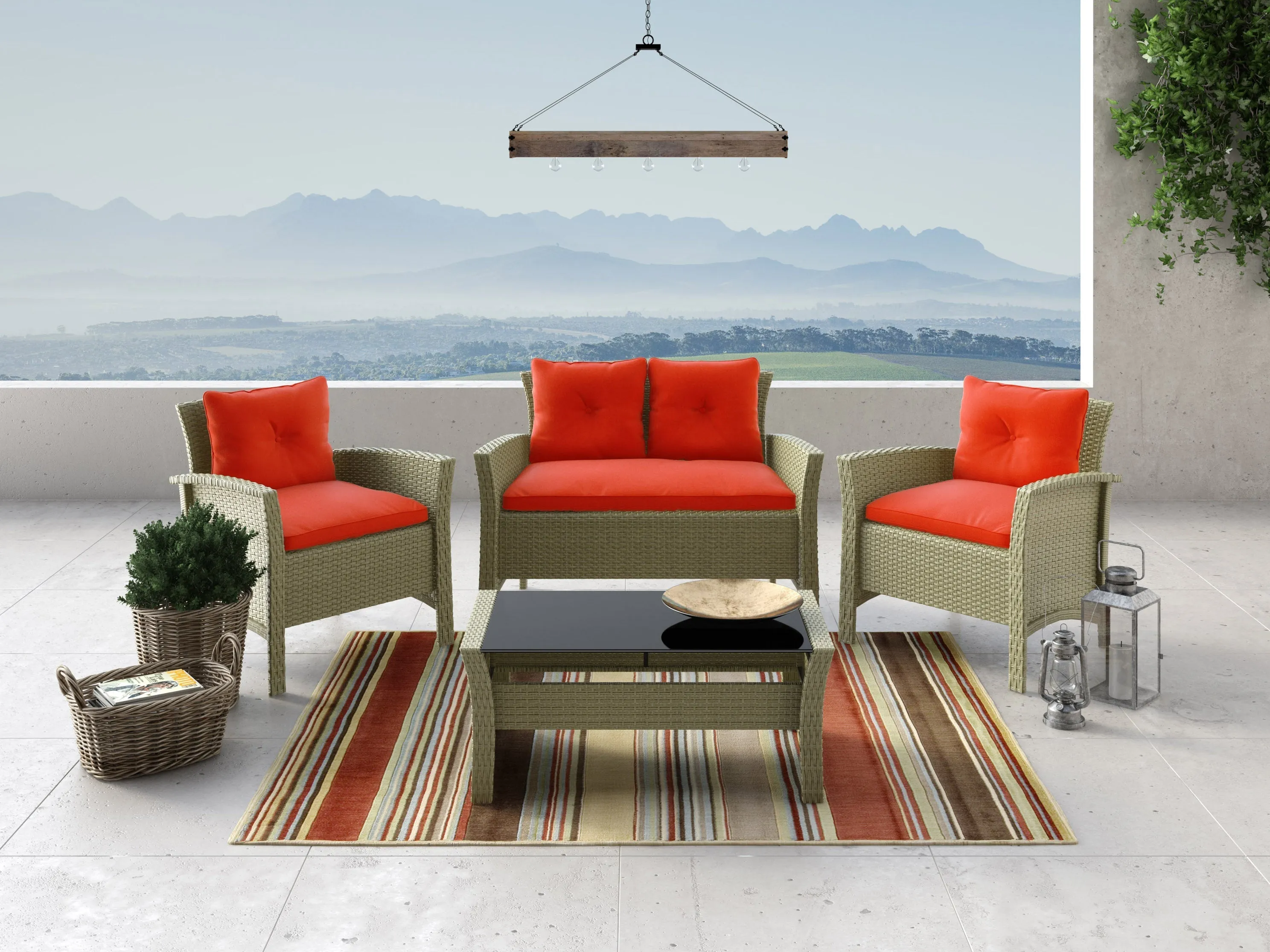 Red 4 Piece Wicker Patio Set
