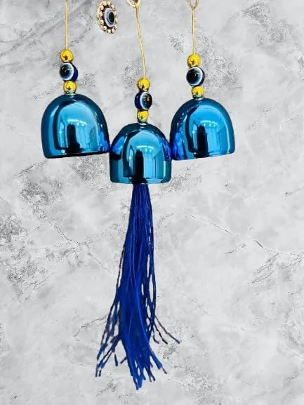 Revashree Craft World 3 Bells with Elephant Evil Eye Car Hanging Handmade Hangings for Positivity (Can be Used as Home Decor, Gift, Wall Hangings, Meditation Room, Yoga Temple, Wind Chime)