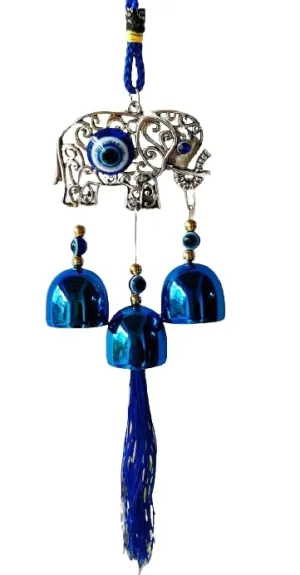 Revashree Craft World 3 Bells with Elephant Evil Eye Car Hanging Handmade Hangings for Positivity (Can be Used as Home Decor, Gift, Wall Hangings, Meditation Room, Yoga Temple, Wind Chime)