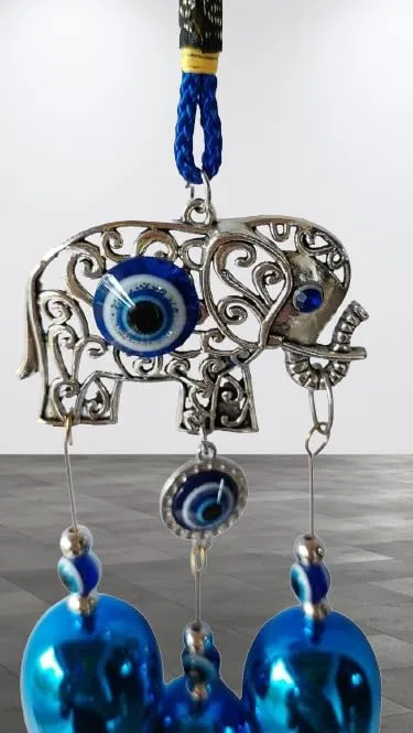 Revashree Craft World 3 Bells with Elephant Evil Eye Car Hanging Handmade Hangings for Positivity (Can be Used as Home Decor, Gift, Wall Hangings, Meditation Room, Yoga Temple, Wind Chime)