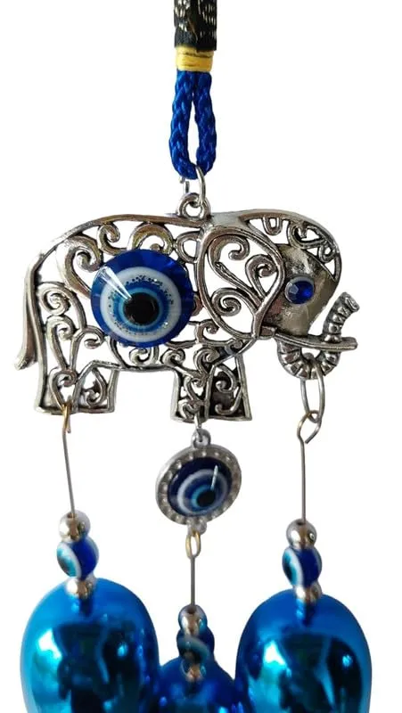 Revashree Craft World 3 Bells with Elephant Evil Eye Car Hanging Handmade Hangings for Positivity (Can be Used as Home Decor, Gift, Wall Hangings, Meditation Room, Yoga Temple, Wind Chime)