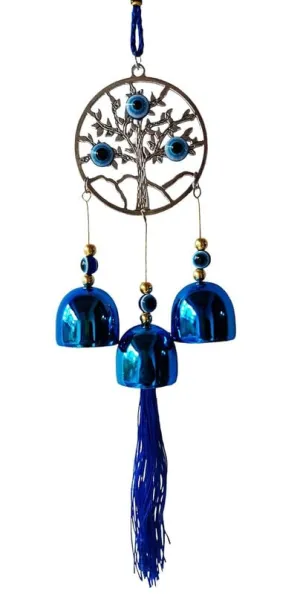 Revashree Craft World Circle Tree with 3 Bells Blue Wall Hanging Evil Eye Wind Chimes for Home Décor Items for Living Room Entrance Balcony Garden for Positive Energy Protection Vastu