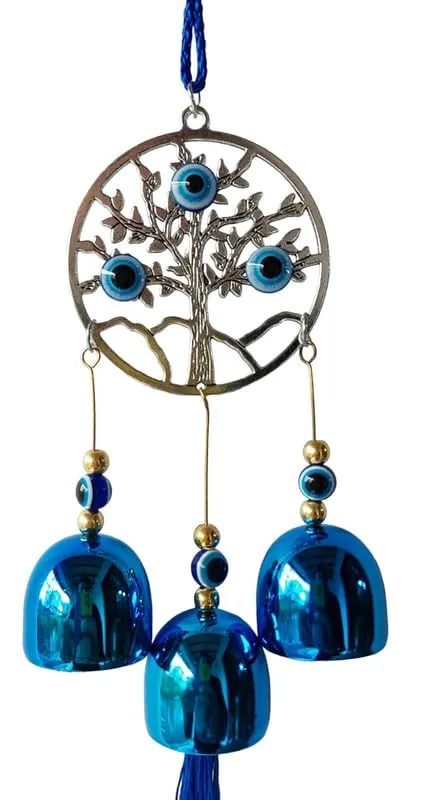 Revashree Craft World Circle Tree with 3 Bells Blue Wall Hanging Evil Eye Wind Chimes for Home Décor Items for Living Room Entrance Balcony Garden for Positive Energy Protection Vastu
