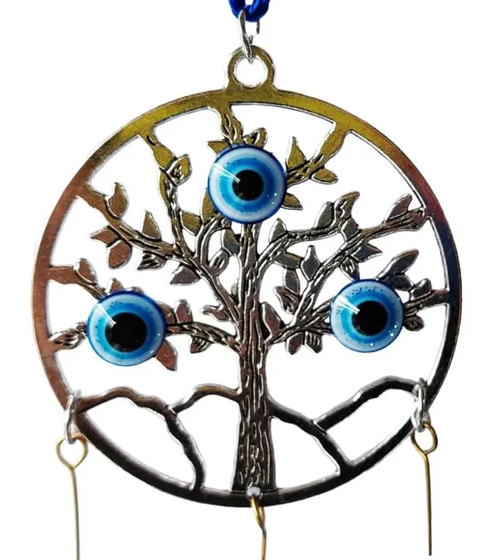 Revashree Craft World Circle Tree with 3 Bells Blue Wall Hanging Evil Eye Wind Chimes for Home Décor Items for Living Room Entrance Balcony Garden for Positive Energy Protection Vastu