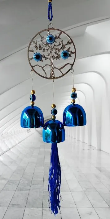 Revashree Craft World Circle Tree with 3 Bells Blue Wall Hanging Evil Eye Wind Chimes for Home Décor Items for Living Room Entrance Balcony Garden for Positive Energy Protection Vastu
