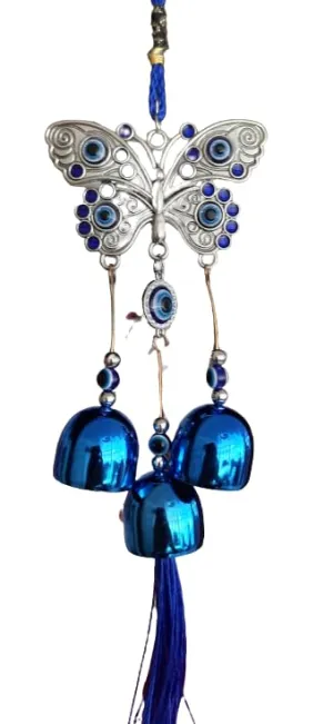 Revashree Craft World Nazar Battu for Home Entrance Evil Eye Hanging for Home Lucky Big Butterfly with 3 Bells Showpieces for Good Luck and Prosperity at Office and Home, Blue