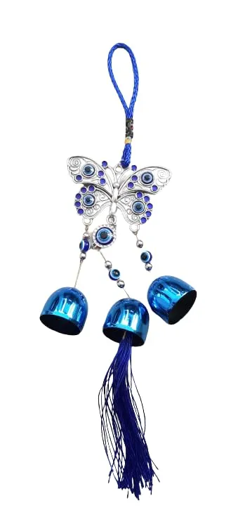 Revashree Craft World Nazar Battu for Home Entrance Evil Eye Hanging for Home Lucky Big Butterfly with 3 Bells Showpieces for Good Luck and Prosperity at Office and Home, Blue