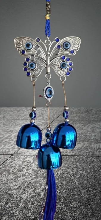 Revashree Craft World Nazar Battu for Home Entrance Evil Eye Hanging for Home Lucky Big Butterfly with 3 Bells Showpieces for Good Luck and Prosperity at Office and Home, Blue