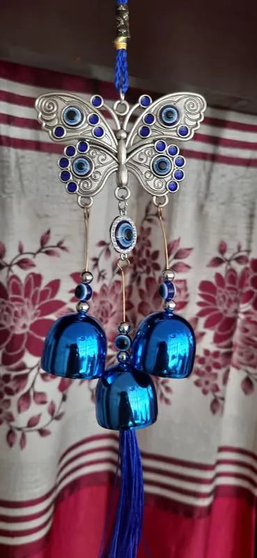 Revashree Craft World Nazar Battu for Home Entrance Evil Eye Hanging for Home Lucky Big Butterfly with 3 Bells Showpieces for Good Luck and Prosperity at Office and Home, Blue