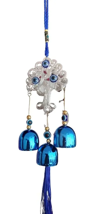 Revashree Craft World Tree with 3 Bells Evil Eye Car Hanging Handmade Hangings for Positivity (Can be Used as Home Decor, Gift, Wall Hangings, Meditation Room, Yoga Temple, Wind Chime)