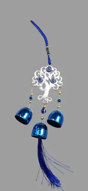 Revashree Craft World Tree with 3 Bells Evil Eye Car Hanging Handmade Hangings for Positivity (Can be Used as Home Decor, Gift, Wall Hangings, Meditation Room, Yoga Temple, Wind Chime)