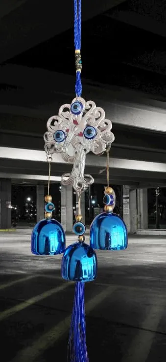 Revashree Craft World Tree with 3 Bells Evil Eye Car Hanging Handmade Hangings for Positivity (Can be Used as Home Decor, Gift, Wall Hangings, Meditation Room, Yoga Temple, Wind Chime)