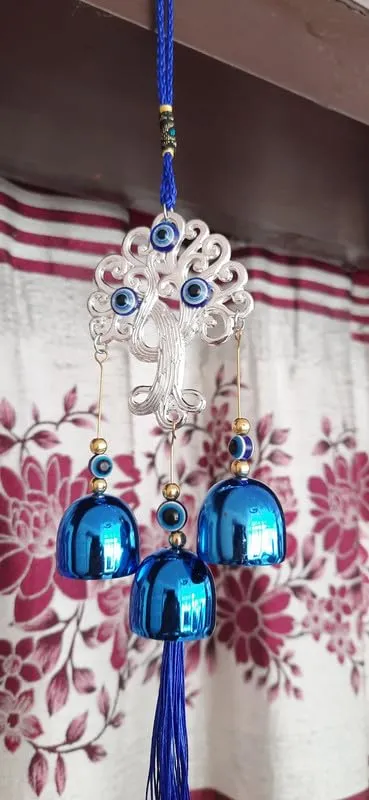 Revashree Craft World Tree with 3 Bells Evil Eye Car Hanging Handmade Hangings for Positivity (Can be Used as Home Decor, Gift, Wall Hangings, Meditation Room, Yoga Temple, Wind Chime)
