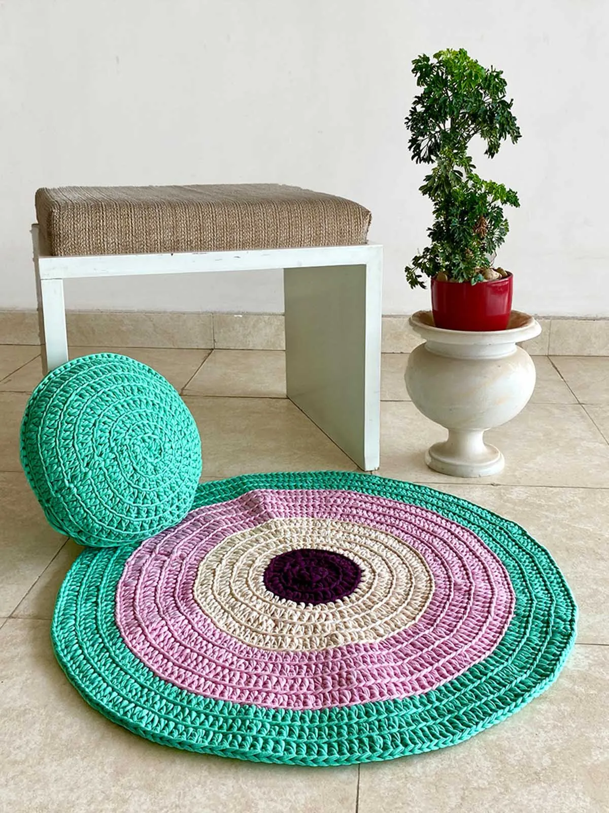 Round Rug Sea-Green-Pink-Off-White-Burgundy
