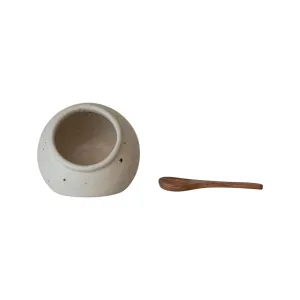 Round Stoneware Salt Cellar With Mango Wood Spoon